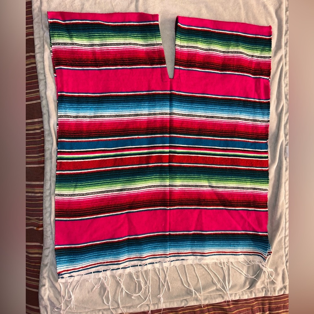 Vibrant Striped Mexican Poncho - Hot Pink Multi Color